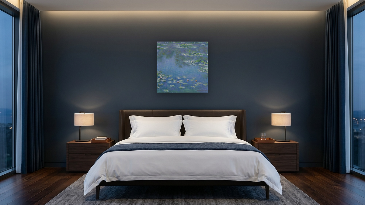 Water Lillies by Claude Monet, shown at 32 × 32 in (81.3 × 81.3 cm) as gallery-wrapped canvas, hotel guest room