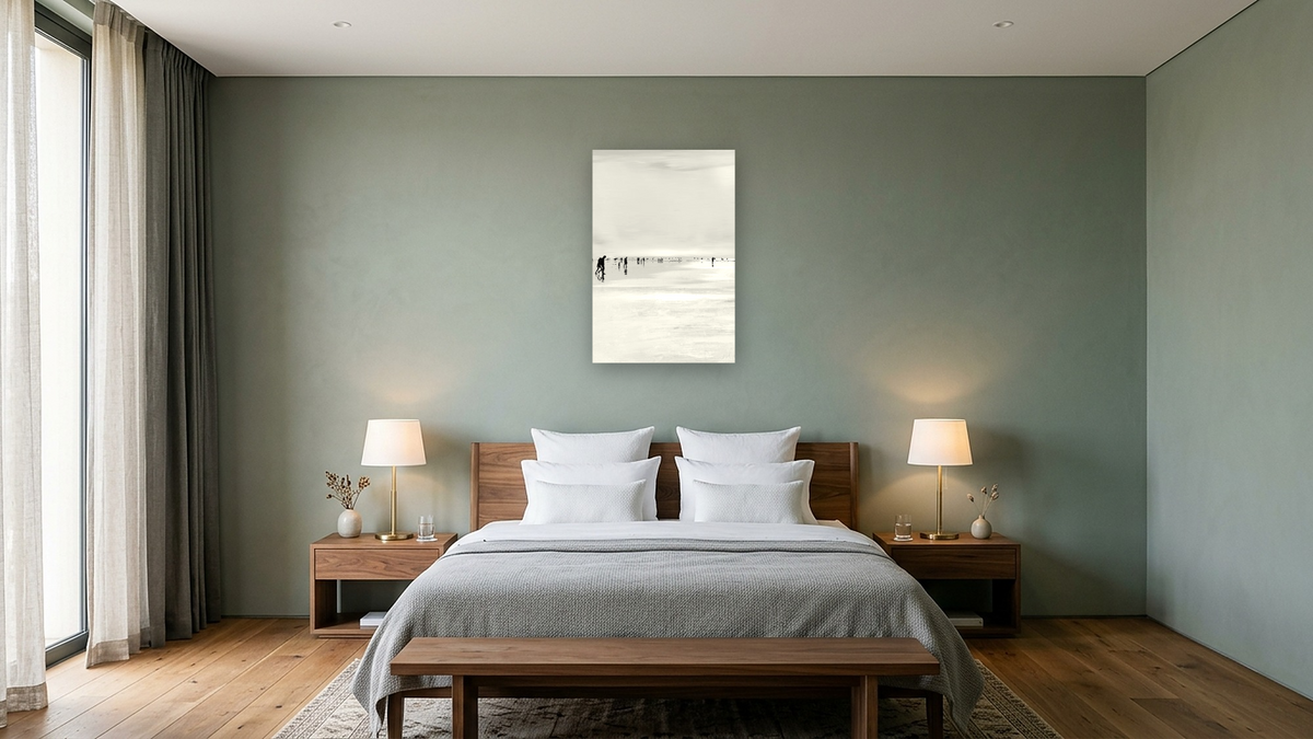 Beach Stroll by Dan Hobday, shown at 28 × 42 in (71.1 × 106.7 cm) as gallery-wrapped canvas, hotel guest room