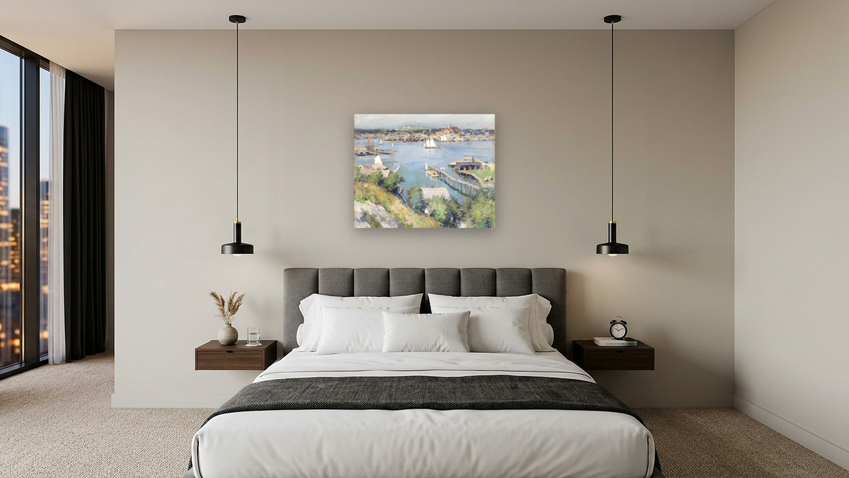 Gloucester Harbor by Willard LeRoy Metcalf, shown at 32 × 40 in (81.3 × 101.6 cm) as gallery-wrapped canvas, hotel guest room