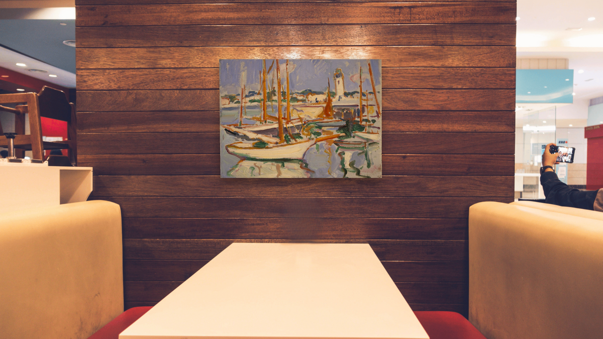 Boats at Royan by Samuel John Peploe, shown at 30 × 40 in (76.2 × 101.6 cm) as gallery-wrapped canvas, restaurant