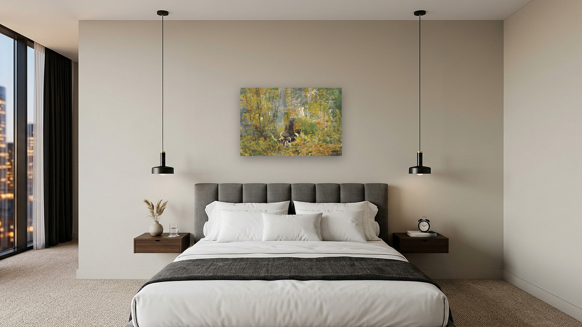 On the Trail by Winslow Homer, shown at 28 × 42 in (71.1 × 106.7 cm) as gallery-wrapped canvas, hotel guest room