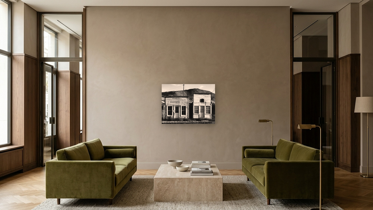 False Fronts by Gordon Osmundson, shown at 30 × 40 in (76.2 × 101.6 cm) as gallery-wrapped canvas, hotel lobby