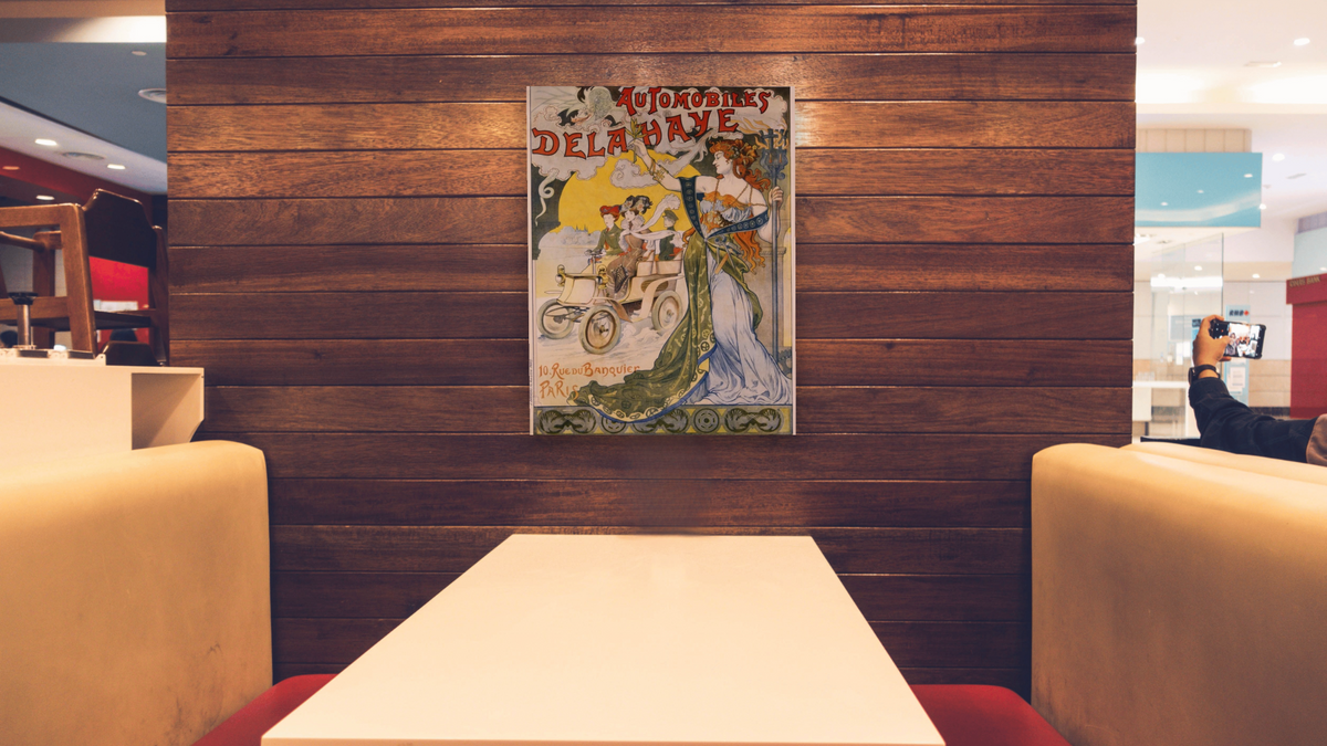 Automobiles Delahaye Poster, shown at 30 × 40 in (76.2 × 101.6 cm) as gallery-wrapped canvas, restaurant