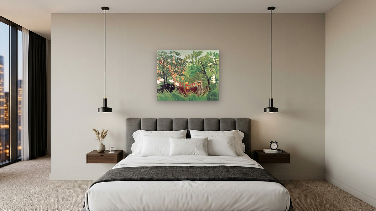 Exotic Landscape by Henri Rousseau, shown at 32 × 40 in (81.3 × 101.6 cm) as gallery-wrapped canvas, hotel guest room