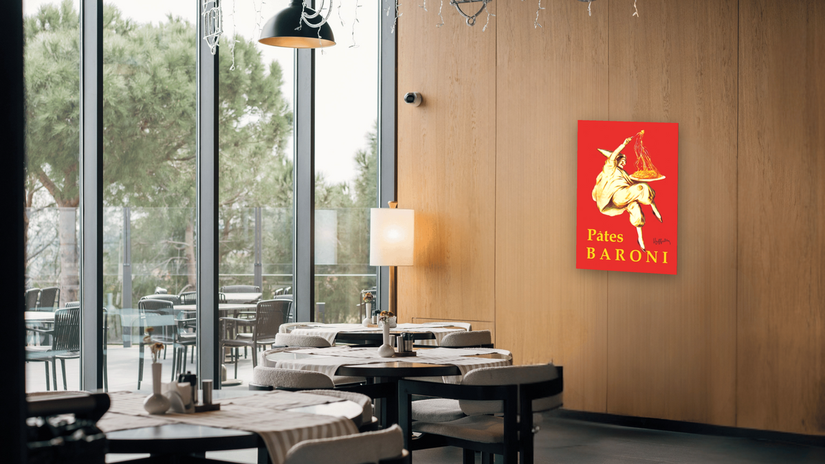 Pates Baroni advertisement poster by Leonetto Cappiello, shown at 28 × 42 in (71.1 × 106.7 cm) as gallery-wrapped canvas, restaurant