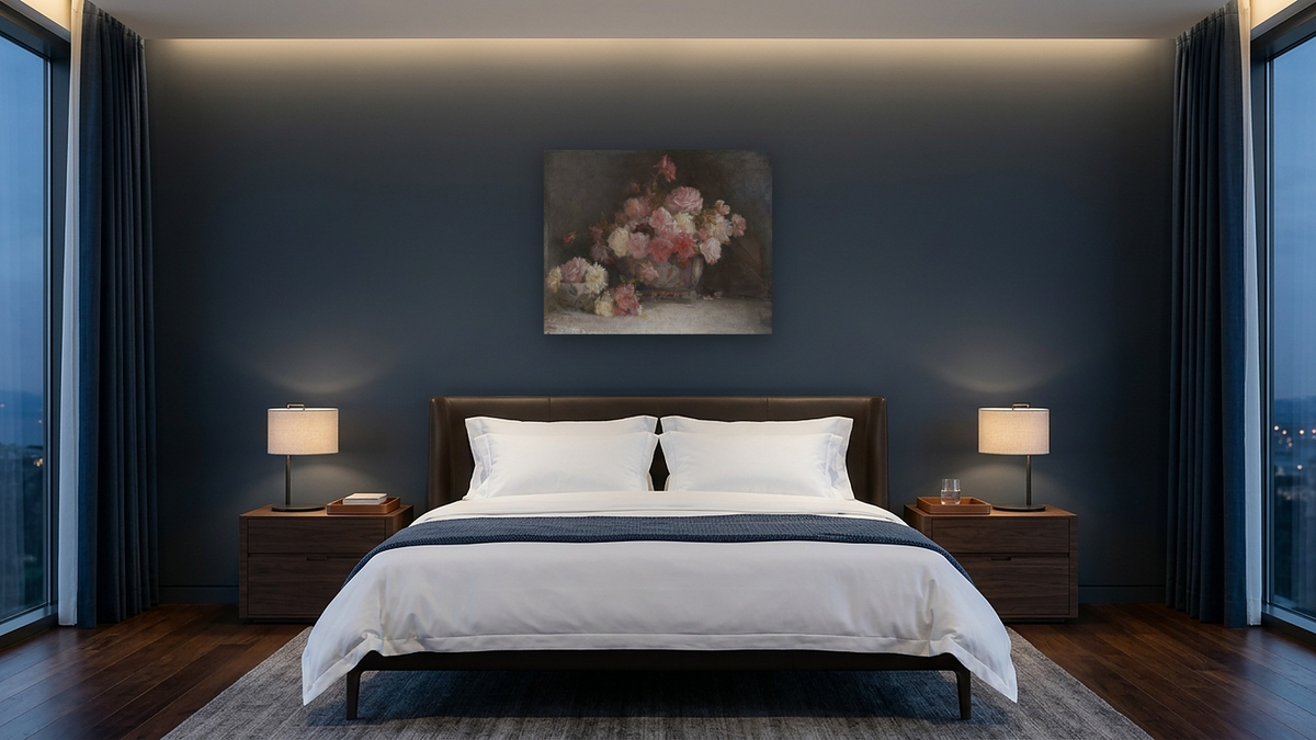 Roses by Tom Roberts, shown at 32 × 40 in (81.3 × 101.6 cm) as gallery-wrapped canvas, hotel guest room