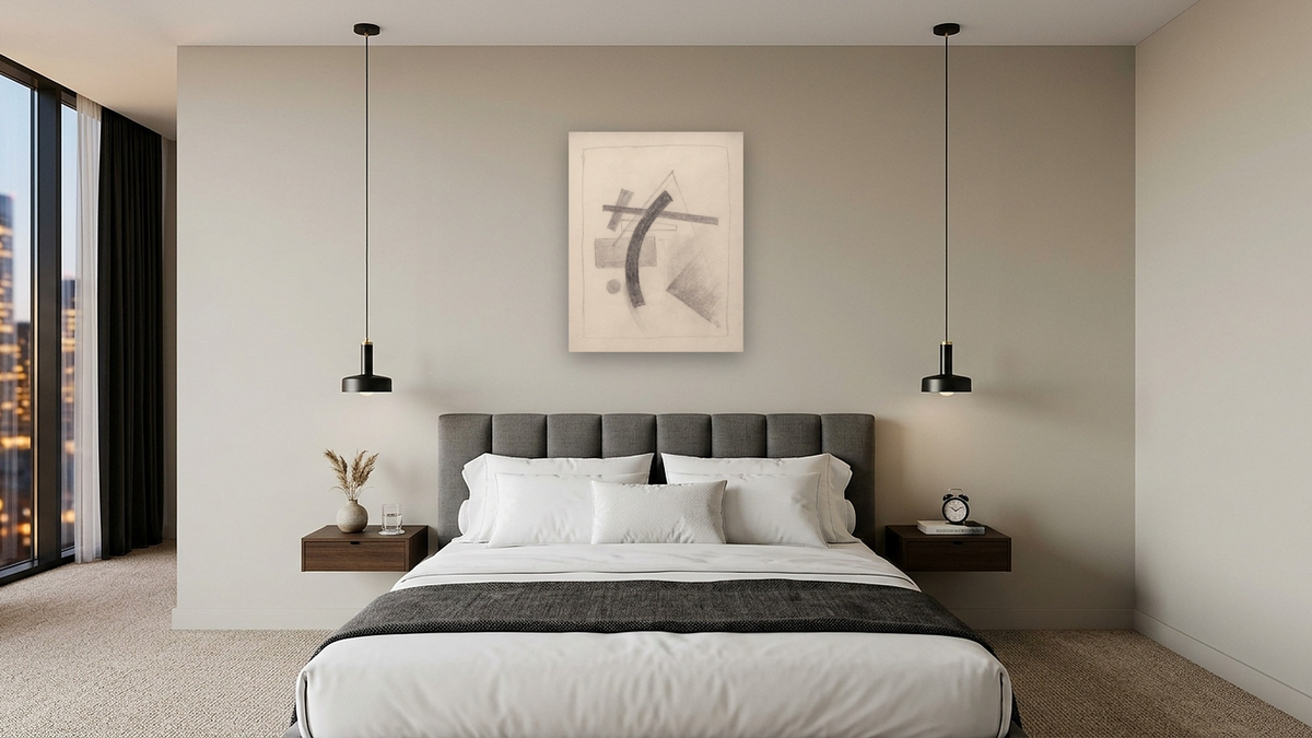 Untitled by Kazimir Malevich, shown at 32 × 40 in (81.3 × 101.6 cm) as gallery-wrapped canvas, hotel guest room