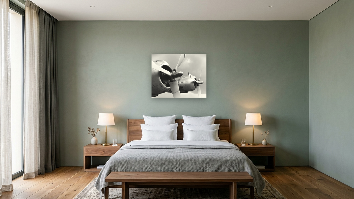Constellation Props & Nacelles from the Vintage Aircraft Series by Gordon Osmundson, shown at 32 × 40 in (81.3 × 101.6 cm) as gallery-wrapped canvas, hotel guest room
