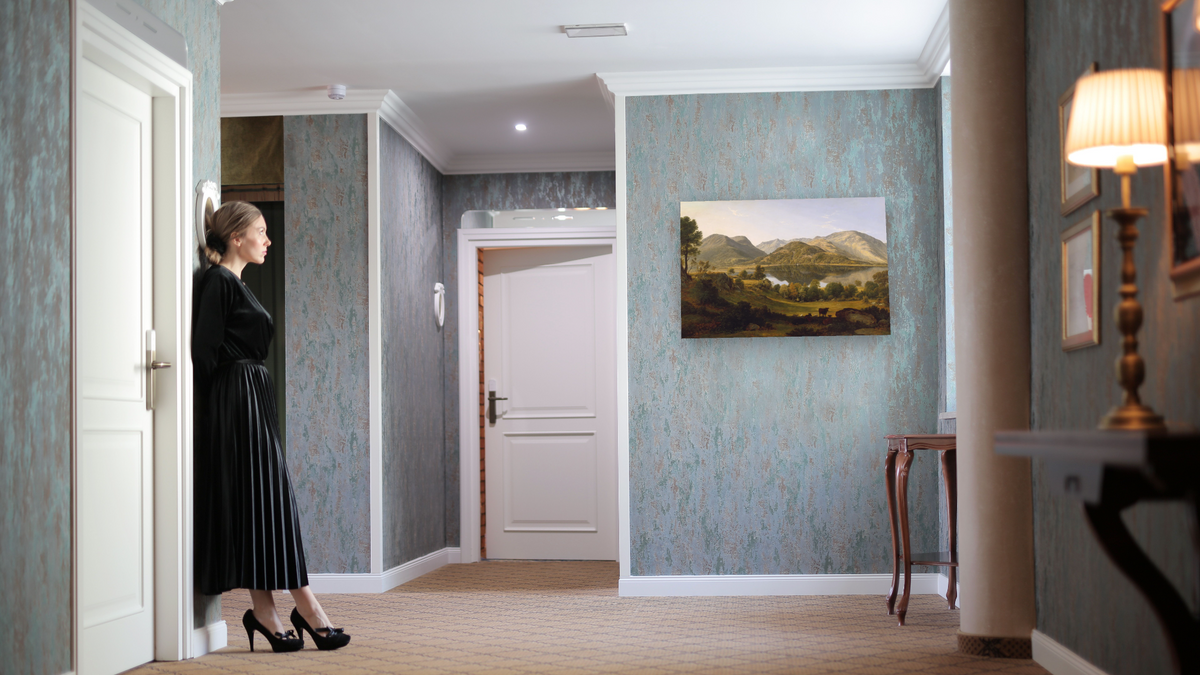 Ullswater, early morning by John Glover, shown at 28 × 42 in (71.1 × 106.7 cm) as gallery-wrapped canvas, hotel lobby