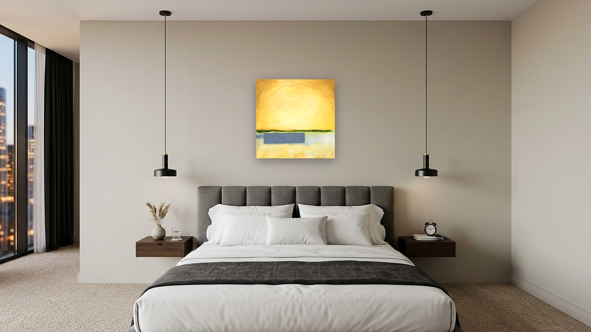 A New Day by Erin Fallon, shown at 32 × 32 in (81.3 × 81.3 cm) as gallery-wrapped canvas, hotel guest room