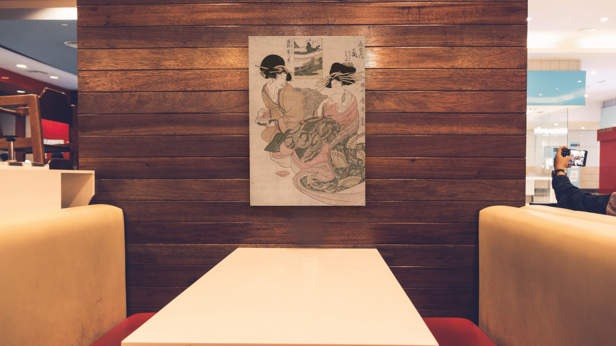 The courtesan Tsukasa of _giya by Kitagawa Utamaro, shown at 28 × 42 in (71.1 × 106.7 cm) as gallery-wrapped canvas, restaurant