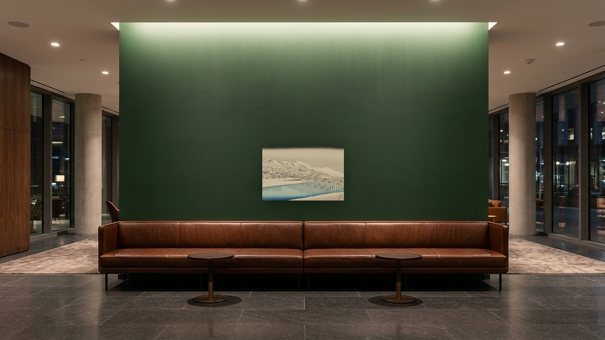Sanjō Bridge (Kyoto Sanjō Ohashi) by Goyō Hashiguchi, shown at 28 × 42 in (71.1 × 106.7 cm) as gallery-wrapped canvas, hotel lobby