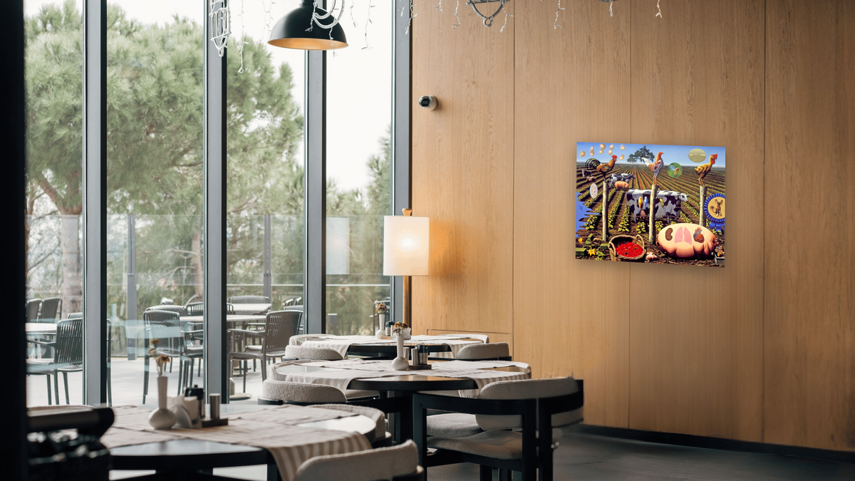 The Farm by Alexis Rockman, shown at 32 × 40 in (81.3 × 101.6 cm) as gallery-wrapped canvas, restaurant
