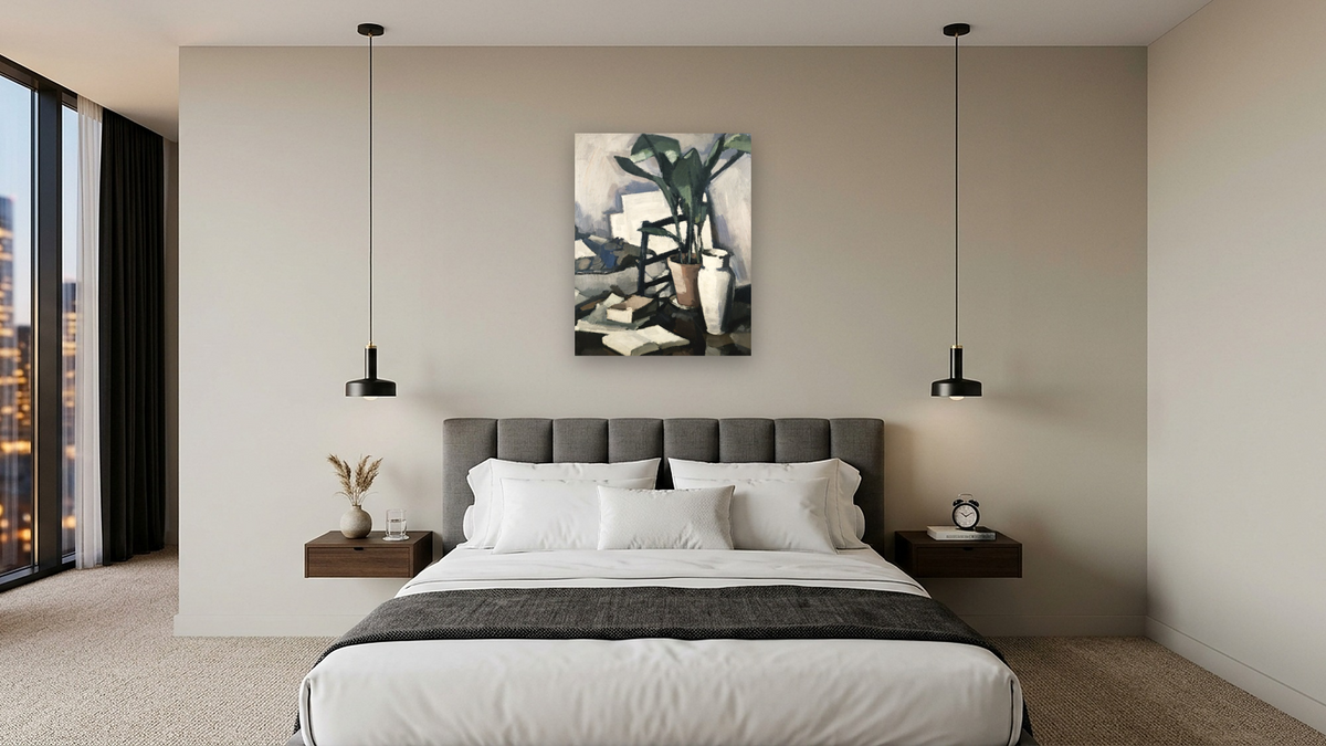Aspidistra by Samuel John Peploe, shown at 32 × 40 in (81.3 × 101.6 cm) as gallery-wrapped canvas, hotel guest room