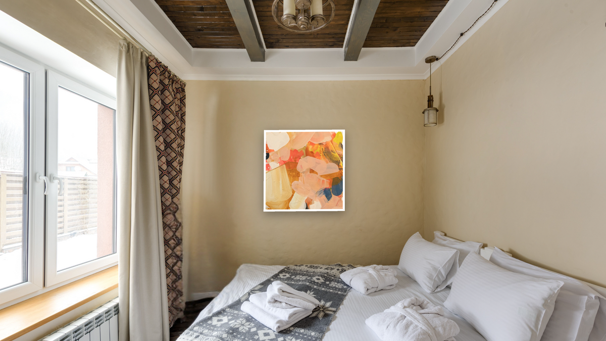 Snack 5 by Nino Yuniardi, shown at 32 × 32 in (81.3 × 81.3 cm) as gallery-wrapped canvas, hotel guest room