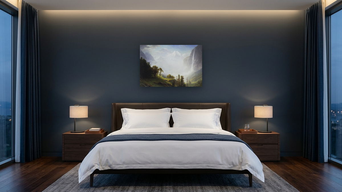 Majesty of the Mountains by Albert Bierstadt, shown at 28 × 42 in (71.1 × 106.7 cm) as gallery-wrapped canvas, hotel guest room