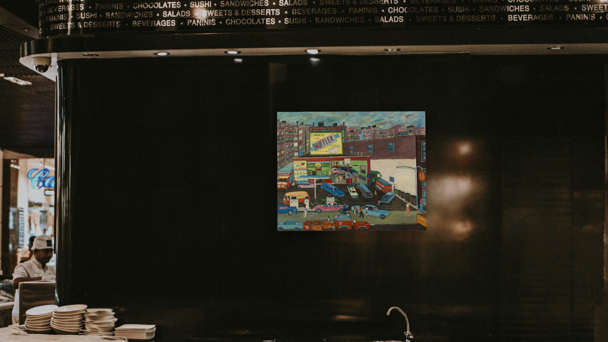 Happy and Bud's Service Station by Ralph Fasanella, shown at 32 × 40 in (81.3 × 101.6 cm) as gallery-wrapped canvas, restaurant