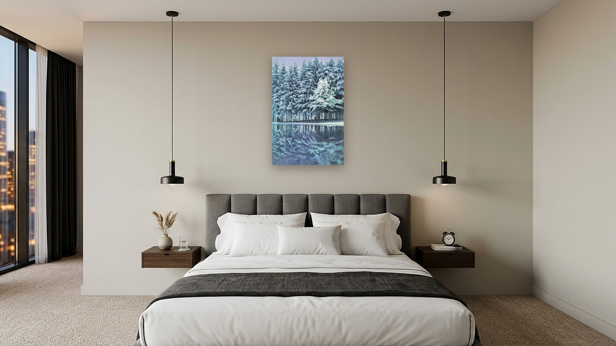 Winter Reflections by Kirsten Söderlind, shown at 28 × 42 in (71.1 × 106.7 cm) as gallery-wrapped canvas, hotel guest room