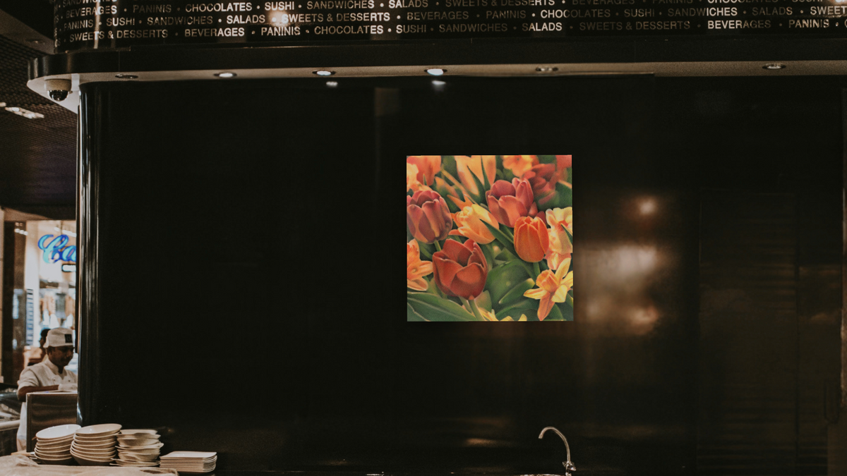 Tulips by Kirsten Söderlind, shown at 32 × 32 in (81.3 × 81.3 cm) as gallery-wrapped canvas, restaurant