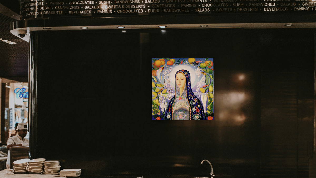 The Virgin by Joseph Stella, shown at 32 × 32 in (81.3 × 81.3 cm) as gallery-wrapped canvas, restaurant