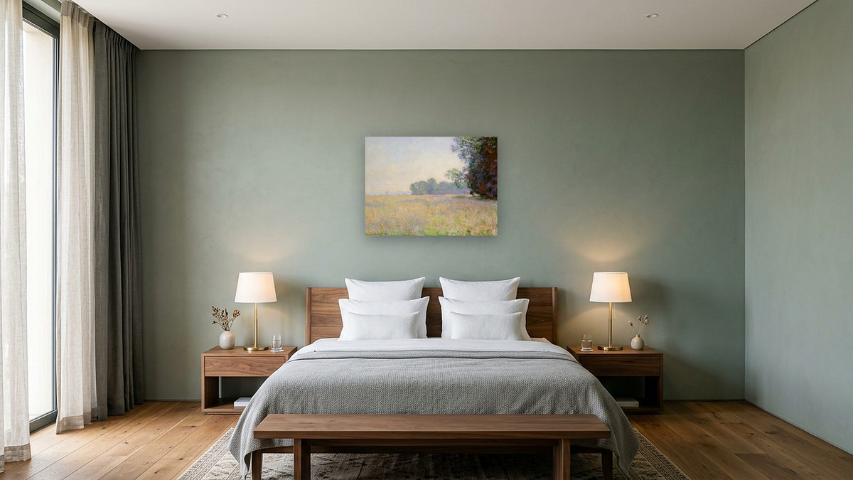 Champ d'avoine (Oat Field) by Claude Monet, shown at 30 × 40 in (76.2 × 101.6 cm) as gallery-wrapped canvas, hotel guest room