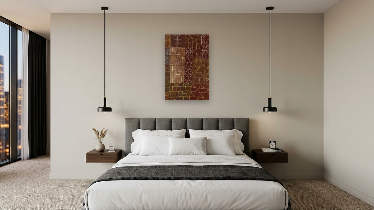 Curtain by Paul Klee, shown at 28 × 42 in (71.1 × 106.7 cm) as gallery-wrapped canvas, hotel guest room