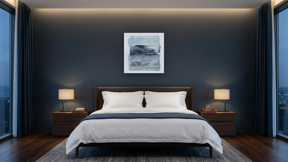 Gaze by Dan Hobday, shown at 32 × 32 in (81.3 × 81.3 cm) as gallery-wrapped canvas, hotel guest room