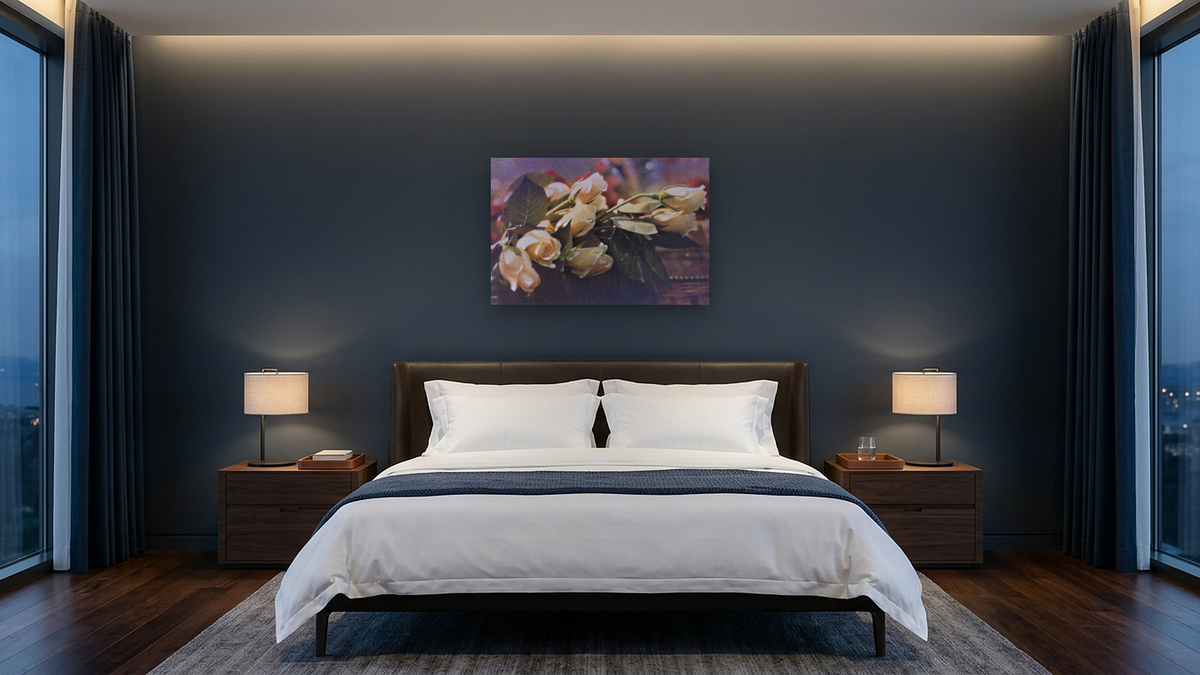 Basket Roses by Kirsten Söderlind, shown at 28 × 42 in (71.1 × 106.7 cm) as gallery-wrapped canvas, hotel guest room