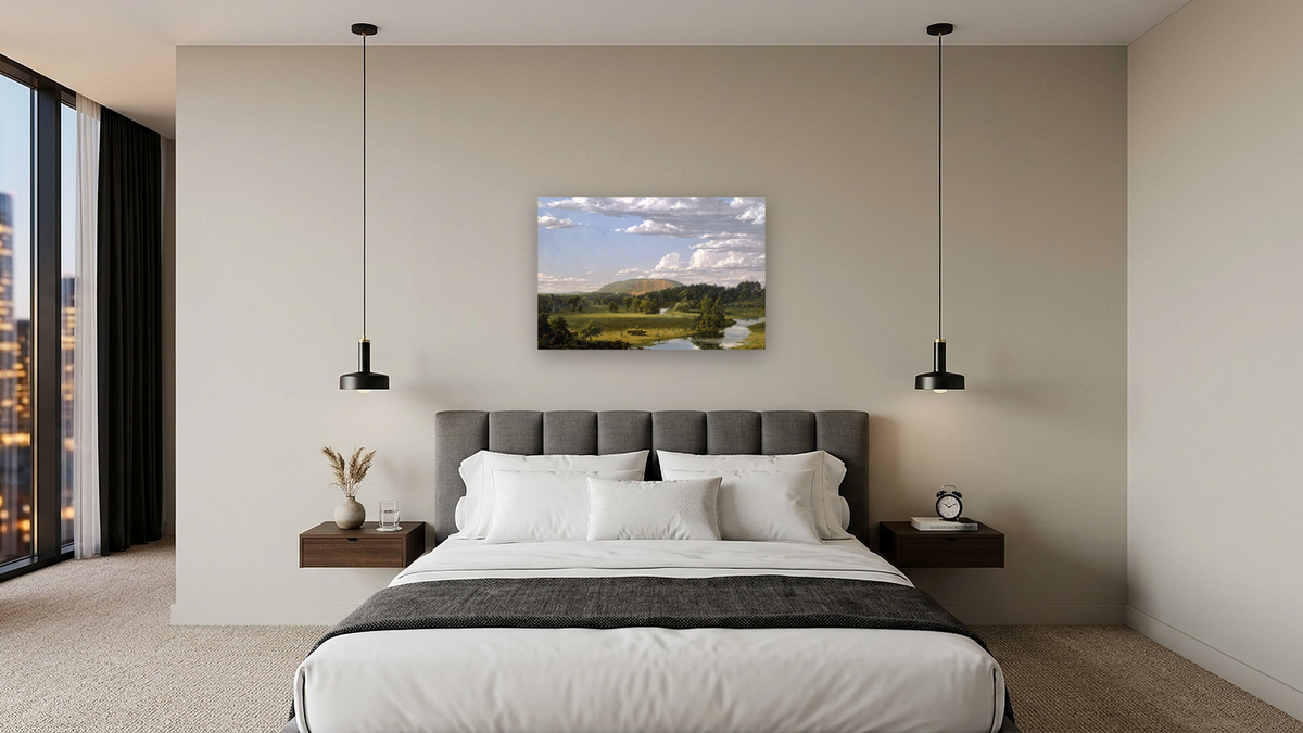 West Rock, New Haven by Frederic Edwin Church, shown at 28 × 42 in (71.1 × 106.7 cm) as gallery-wrapped canvas, hotel guest room
