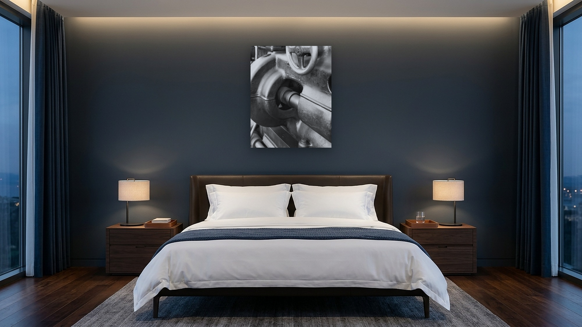 Lathe Detail by Gordon Osmundson, shown at 32 × 40 in (81.3 × 101.6 cm) as gallery-wrapped canvas, hotel guest room