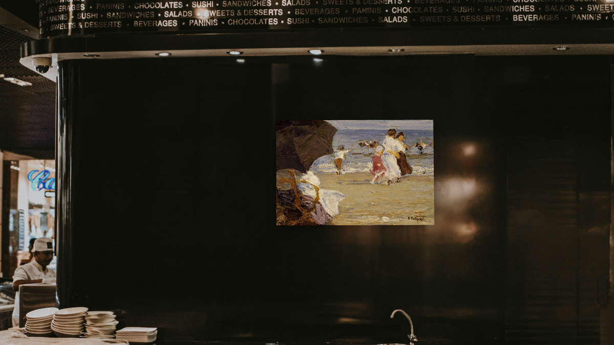 The Beach Umbrella by Edward Henry Potthast I, shown at 28 × 42 in (71.1 × 106.7 cm) as gallery-wrapped canvas, restaurant