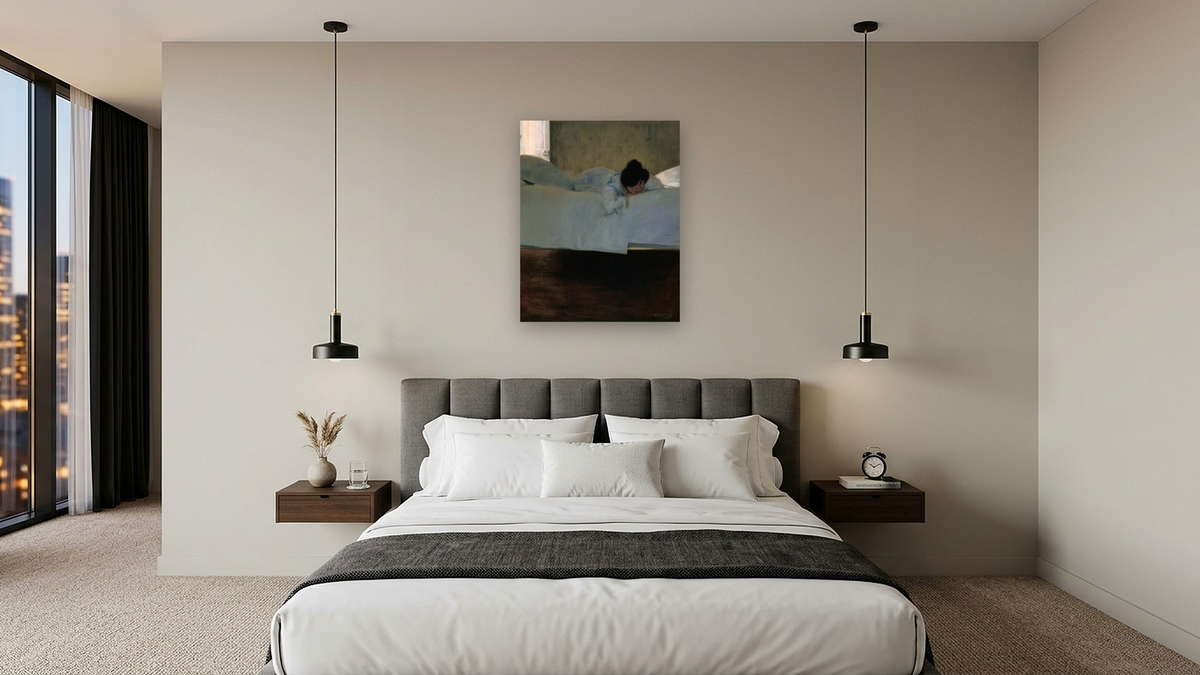 La mandra by Ramón Casas, shown at 32 × 40 in (81.3 × 101.6 cm) as gallery-wrapped canvas, hotel guest room
