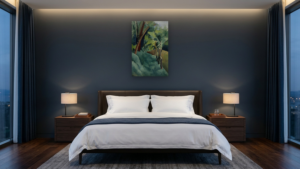 Landscape by Patrick Henry Bruce, shown at 28 × 42 in (71.1 × 106.7 cm) as gallery-wrapped canvas, hotel guest room