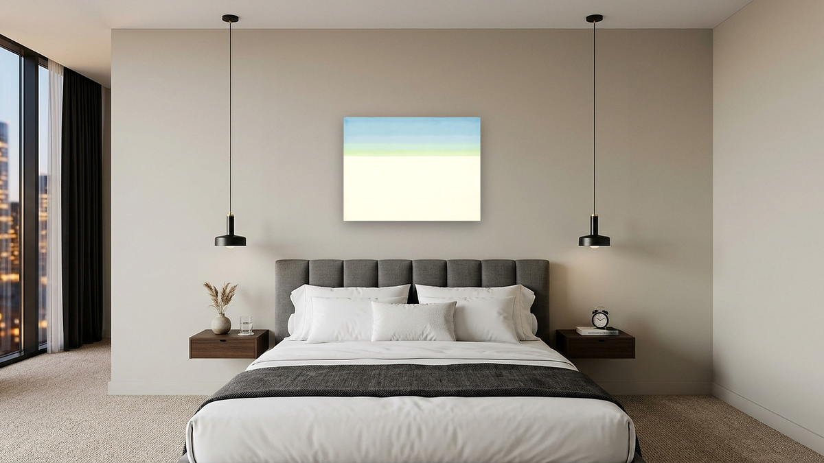 Sky with Flat White Cloud by Georgia O'Keeffe, shown at 30 × 40 in (76.2 × 101.6 cm) as gallery-wrapped canvas, hotel guest room