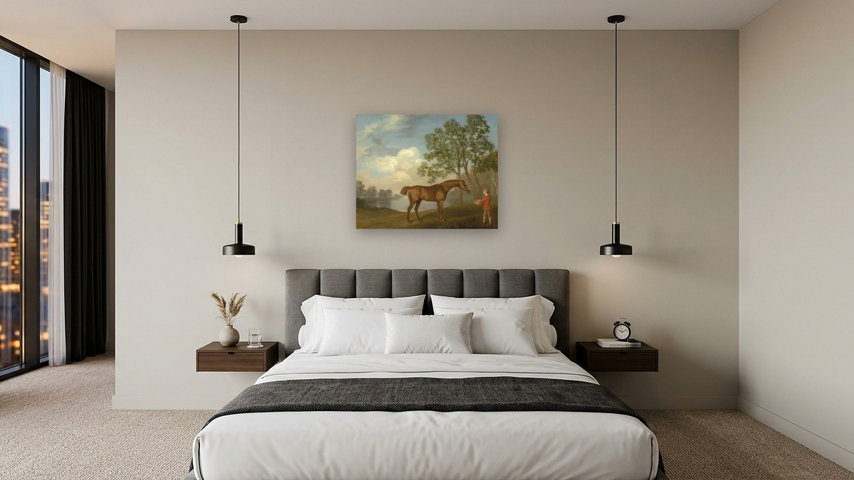 Pumpkin with a Stable-lad by George Stubbs, shown at 32 × 40 in (81.3 × 101.6 cm) as gallery-wrapped canvas, hotel guest room