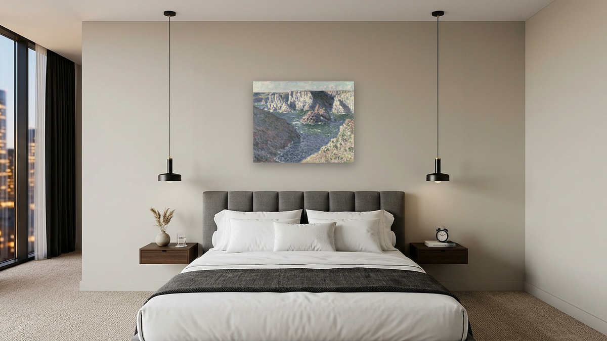 The Rocks of Belle Ile by Claude Monet, shown at 32 × 40 in (81.3 × 101.6 cm) as gallery-wrapped canvas, hotel guest room