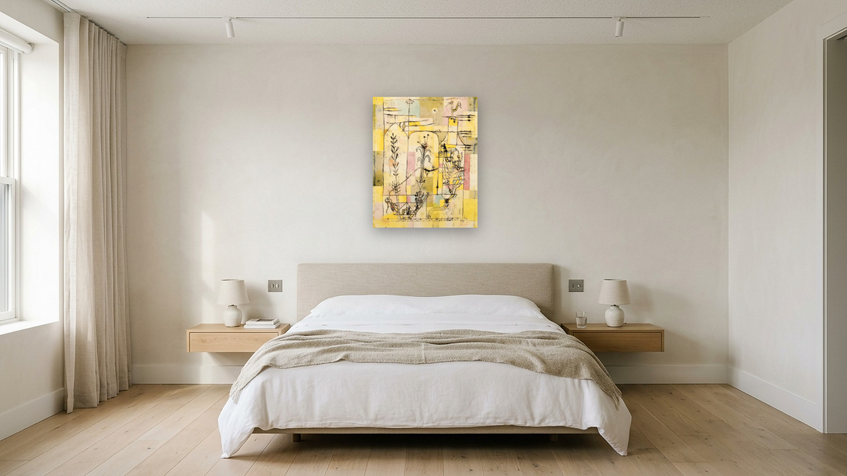 Tale à la Hoffmann by Paul Klee, shown at 32 × 40 in (81.3 × 101.6 cm) as gallery-wrapped canvas, hotel guest room
