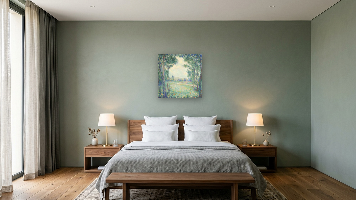On the Way to Limetz, Giverny (La Chaussee de Limetz) by Theodore Earl Butler, shown at 32 × 32 in (81.3 × 81.3 cm) as gallery-wrapped canvas, hotel guest room