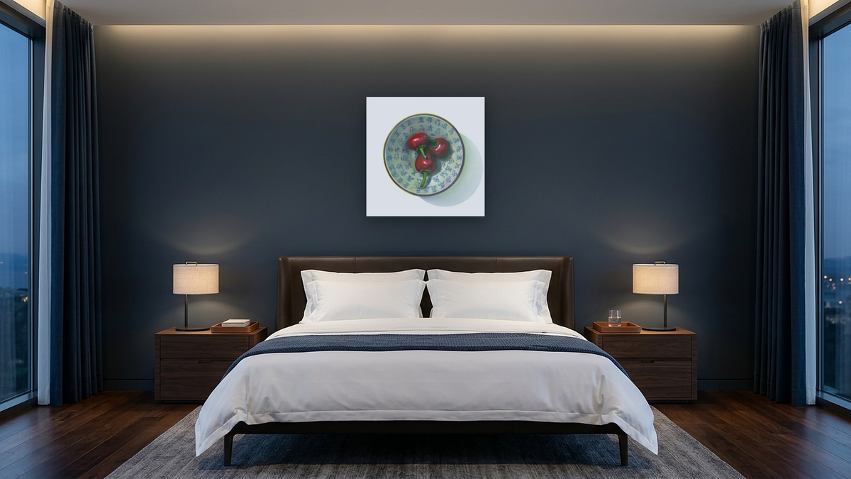 Three Peppers by Kirsten Söderlind, shown at 32 × 32 in (81.3 × 81.3 cm) as gallery-wrapped canvas, hotel guest room