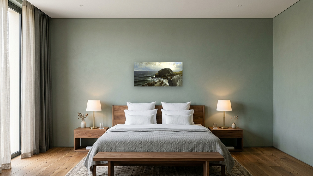 Castle Rock, Marblehead by Alfred Thompson Bricher, shown at 20 × 40 in (50.8 × 101.6 cm) as gallery-wrapped canvas, hotel guest room