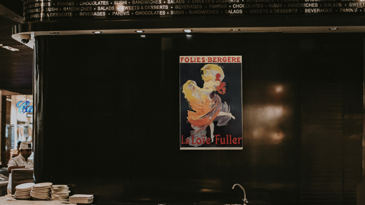 Folies-Bergère / La Loïe Fuller by Jules Chéret, shown at 28 × 42 in (71.1 × 106.7 cm) as gallery-wrapped canvas, restaurant