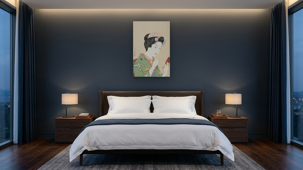 Girl with a Rouge Brush by Goyō Hashiguchi, shown at 28 × 42 in (71.1 × 106.7 cm) as gallery-wrapped canvas, hotel guest room