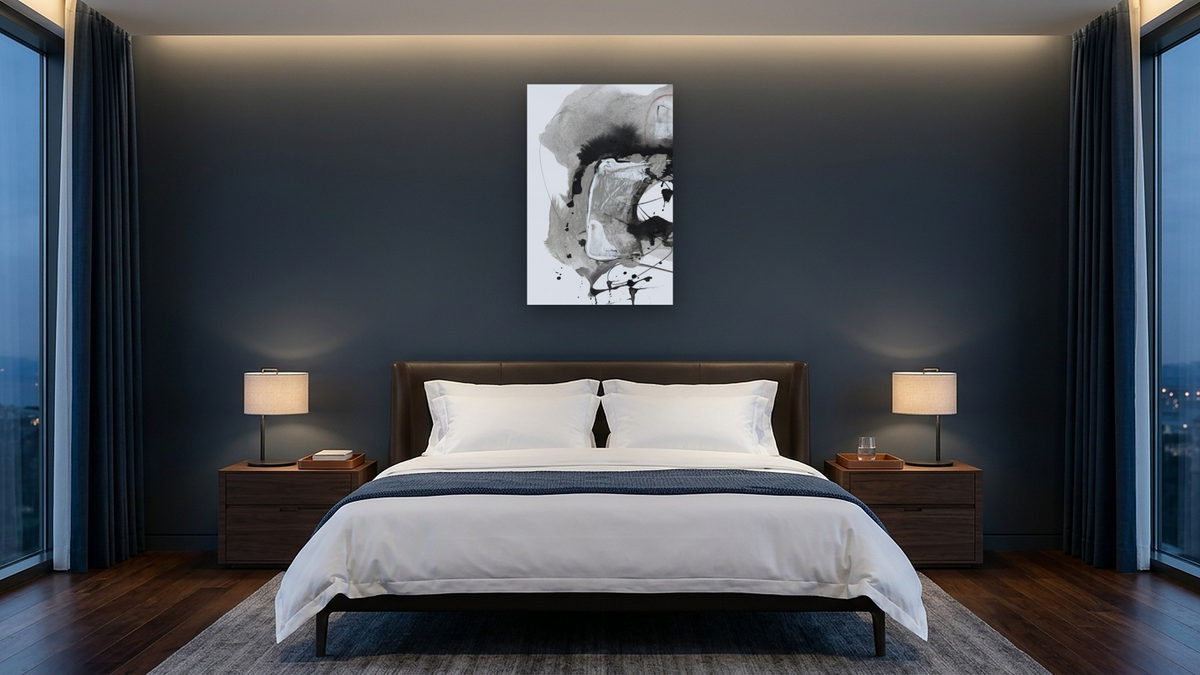 Crush 1 by Dan Hobday, shown at 28 × 42 in (71.1 × 106.7 cm) as gallery-wrapped canvas, hotel guest room