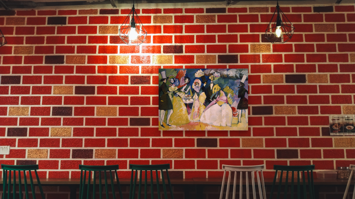 Group in Crinolines, shown at 28 × 42 in (71.1 × 106.7 cm) as gallery-wrapped canvas, restaurant