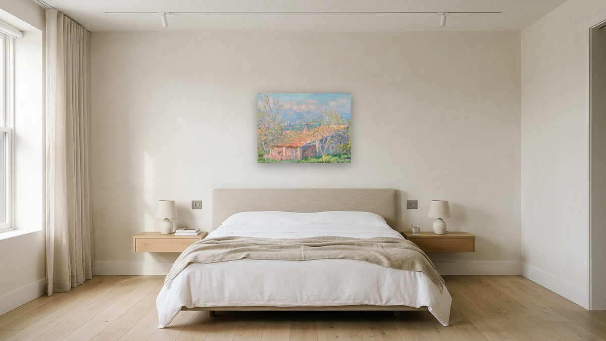 Gardener's House at Antibes by Claude Monet, shown at 30 × 40 in (76.2 × 101.6 cm) as gallery-wrapped canvas, hotel guest room