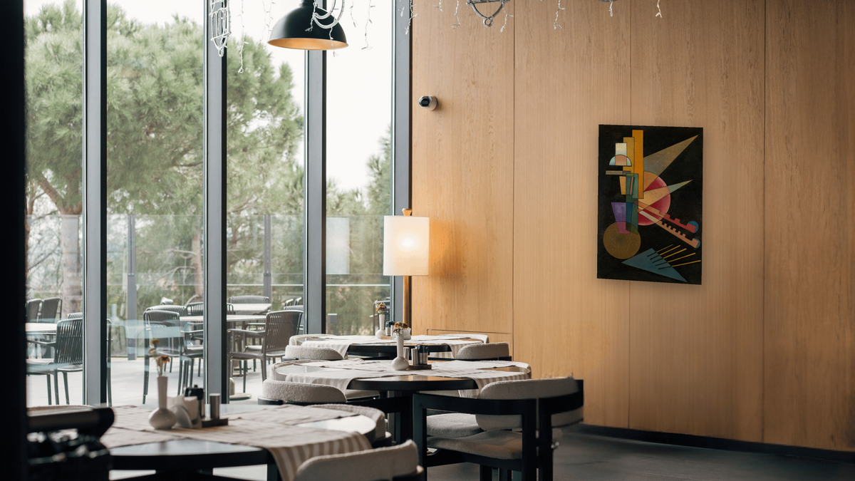 Abstract Interpretation by Wassily Kandinsky, shown at 28 × 42 in (71.1 × 106.7 cm) as gallery-wrapped canvas, restaurant
