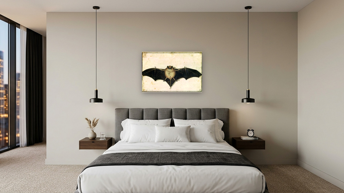 Bat by Albrecht Dürer, shown at 28 × 42 in (71.1 × 106.7 cm) as gallery-wrapped canvas, hotel guest room