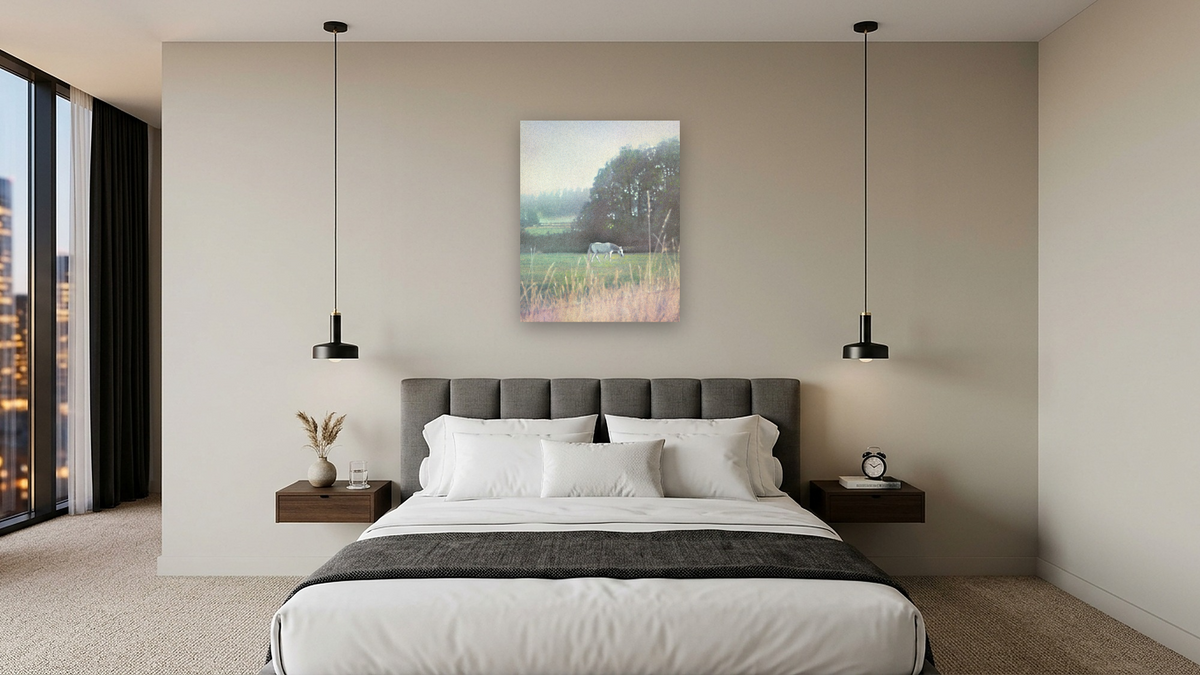 White Horse by Kirsten Söderlind, shown at 32 × 40 in (81.3 × 101.6 cm) as gallery-wrapped canvas, hotel guest room