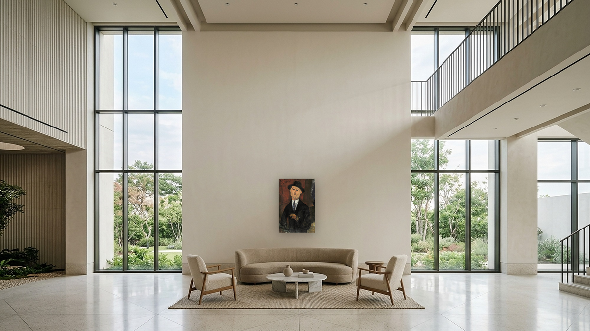 Paul Guillaume, Novo Pilota by Amedeo Modigliani, shown at 28 × 42 in (71.1 × 106.7 cm) as gallery-wrapped canvas, hotel lobby
