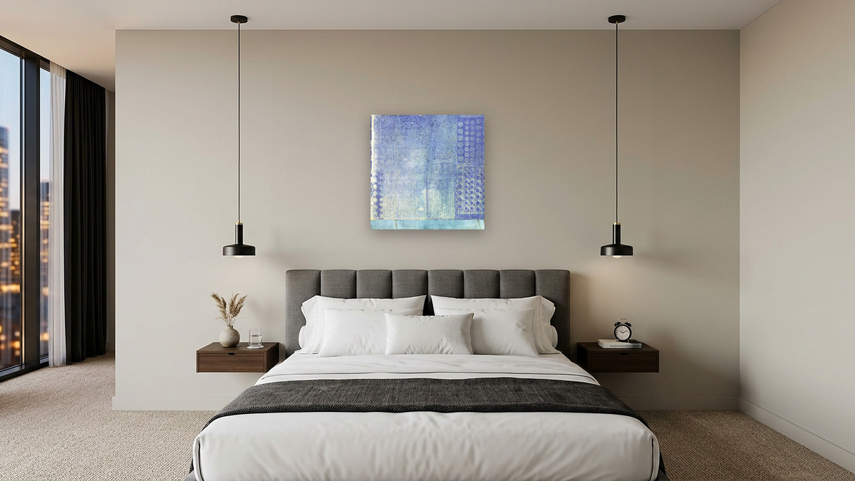 Day Break, shown at 32 × 32 in (81.3 × 81.3 cm) as gallery-wrapped canvas, hotel guest room